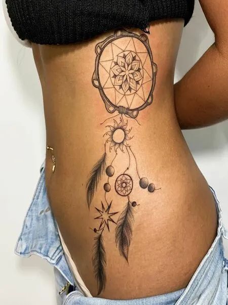 Dream Catcher Rib Tattoo, Dream Catcher Tattoo Ideas, Owl Dreamcatcher Tattoo, Dream Catcher Tattoos, Butterfly Leg Tattoos, Atrapasueños Tattoo, Dreamcatcher Tattoos, Dream Catcher Tattoo Design, Belly Tattoos