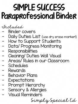 Paraprofessional Binder, Special Education Paraprofessional, Educational Assistant, Behavior Plans, Classroom Schedule, Sped Classroom, Teaching Special Education, Life Skills Special Education, Teachers Aide