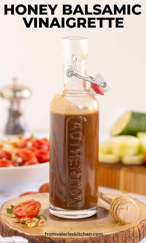 This sweet and tangy Honey Balsamic Vinaigrette takes just minutes to make and will take your salads to the next level! #salad #saladdressing #vinaigrette #balsamic #healthyrecipes Vinegrette Recipe, Balsamic Vinegrette, Salad Dressing Recipes Vinaigrette, Balsamic Vinegarette, Honey Balsamic Dressing, Honey Balsamic Vinaigrette, Balsamic Vinegar Dressing, Balsamic Vinaigrette Dressing, Honey Balsamic