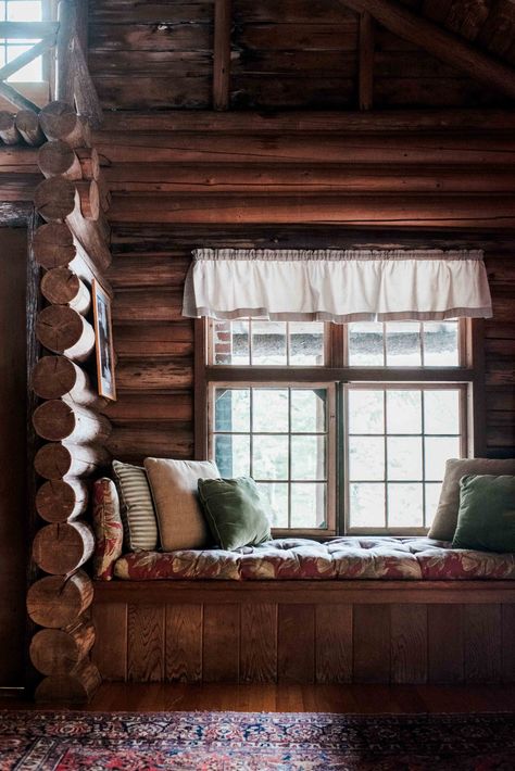 Borestone Mountain Lodges - Maine Home + Design Maine Cabin Aesthetic, Cabin In Maine, Maine Cabin, Mountain Lodges, Lake Cabin Decor, Cabin Aesthetic, Cabin Living Room, Flagstone Flooring, Inglenook Fireplace