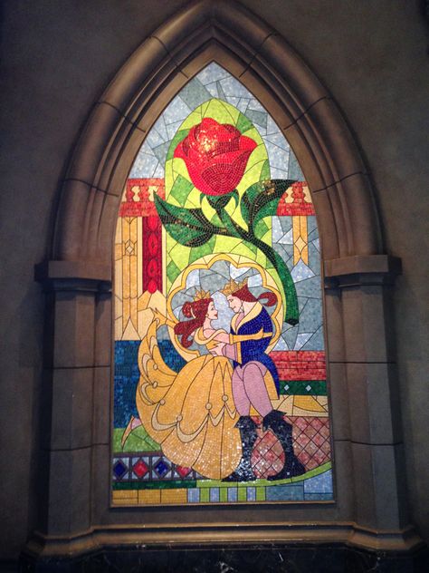 Beauty and the Beast stained glass window at the end frame of the movie from Belle and Beast's castle in Disney World Be Our Guest Restaurant, Beast's Castle, Belle And Beast, Disney Nursery, Be Our Guest, Disney World Planning, Walt Disney World Vacations, Old Disney, Disney Beauty And The Beast