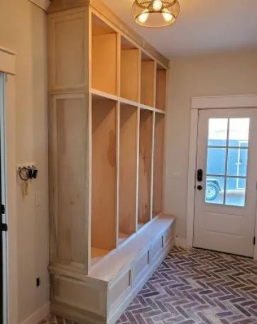 Mudroom Bench Plans How To Build, Mudroom Bench Height, Custom Mudroom Bench, Mudroom Cabinet Dimensions, Small Mudroom Built Ins With Bench, Mudroom Cabinets With Bench, Mudroom Built Ins With Bench, L Shaped Mudroom, Built In Mudroom Bench