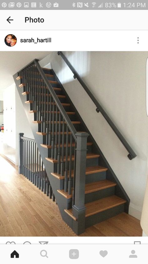 Inexpensive Stair Railing, Black Stairwell, Painted Stair Railings, Painting Stairs, Stair Railing Makeover, Diy Staircase Makeover, Farmhouse Stairs, Stair Paneling, Stair Renovation