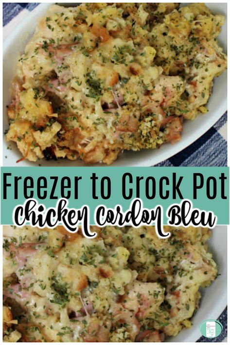 Get all the flavours of chicken cordon bleu without all the fuss with this slow cooker make ahead casserole. #freezermeals101 #makeahead #slowcookerrecipes #crockpot #chicken #chickencordonbleu #casserole #casserolerecipes Crock Pot Chicken Cordon Bleu, Crockpot Chicken Cordon Bleu, Boxed Stuffing, Chicken Cordon Bleu Casserole Recipe, Freezer Meal Recipes, Recipe Casserole, Cordon Bleu Recipe, Chicken Cordon Bleu Recipe, Cordon Bleu Casserole