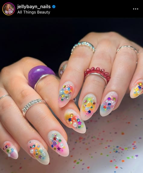 Spot Sprite Nails, Pink Confetti Nails, Rainbow Nail Ideas, Cake Nails, Rainbow Nail, Confetti Nails, Nails Yellow, Rope Hair, Really Cute Nails