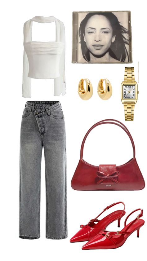 white tube top scarf, asymmetrical grey jeans, red kitten heels, red purse, chunky gold earrings, gold cartier watch, sade, sade aesthetic, outfit aesthetic, parisian chic Gold Cartier Watch, Red Purse Outfit, Red Heels Outfit, Sade Aesthetic, Red Top Outfit, Kitten Heels Outfit, Casual Heels Outfit, Chunky Gold Earrings, Red Kitten Heels