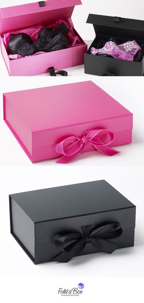 Our cerise pink and black gift boxes are perfect for lingerie POS and gifting. www.foldabox.co.uk Luxury Box Packaging, Brand Moodboard, Japanese Graphic, Gift Boxes With Lids, Boxes Packaging, Design Identity, Gift Boxes For Women, Identity Branding, Design Layouts