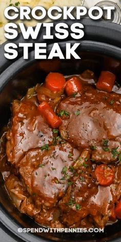 Crockpot Swiss Steak, Steak Crockpot, Steak Veggies, Swiss Steak Recipes, Swiss Steak, Carrots Celery, Round Steak, Hamburger Steak, Cube Steak