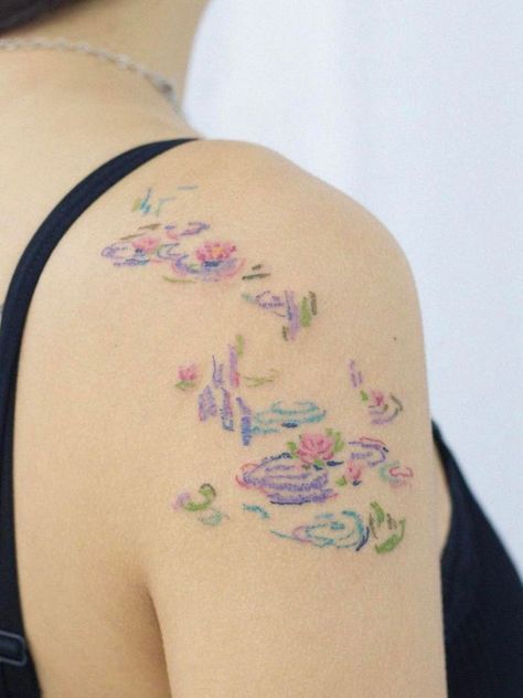 Oil Pastel-Style Tattoos Are The Latest Trend For Art World Chic Monet Tattoo, Pastel Tattoo, Water Lily Tattoos, Ethereal Nature, Pastel Style, Cute Tats, Water Tattoo, Scary Tattoos, Cute Tiny Tattoos