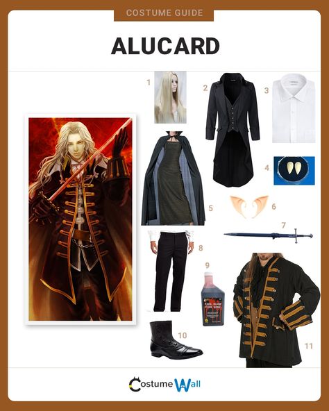 Get the look of Castlevania's Alucard, who as a half-vampire and half-human defends humans against Dracula and vampires. Castlevania Costume, Alucard Castlevania, Costume Guide, Long White Hair, Great Warriors, Netflix Tv Shows, Straight Fit Pants, Frock Coat, T Dress