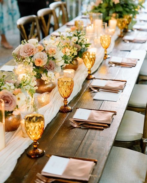 We've got a little crush on these new Savoy amber water goblets. 💛 Don't they just make this table setting sing?⁣ Venue, Planning, & Design: Sidney Darby for CJ’s Off the Square Photography: @sam_frawley Flowers: @calirootsdesigns Rentals: @southerneventsonline . . . #cjsoffthesquare #summeratcjs #septemberatcjs #nashvillewedding #nashvilleweddings #nashvillebride #engagedinnashville #nashvilleweddingvenue #weddingreceptionideas #summerwedding Water Goblets Table Settings, Mixed Goblets Wedding, Amber Glassware Wedding, Amber Glassware Wedding Table, Amber Goblets Wedding, Wedding Amber Glassware, Thrifted Goblets Wedding, Layered Table, Square Photography