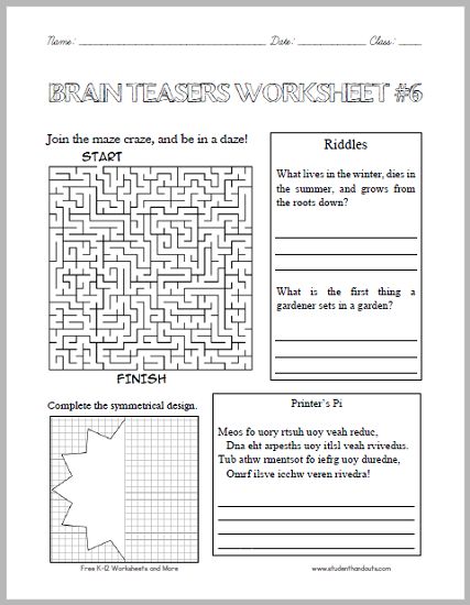 Brain Teasers Worksheet #6 - Here is a fun handout full of head-scratchers for students in grades 4-6. Free to print (PDF). Word Brain Teasers, Printable Brain Teasers, About Brain, Brain Teasers For Kids, Brain Puzzles, Worksheet For Kids, Kids Worksheets Printables, About Science, Brain Teaser Puzzles