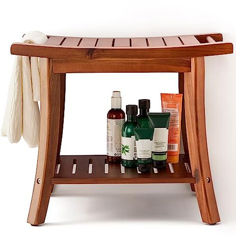 Wooden Shower Bench, Bench Seat With Storage, Shower Benches, Wood Shower Bench, Seat With Storage, Bathroom Chair, Shelf For Bathroom, Cottagecore Living, Storage Bench Seating