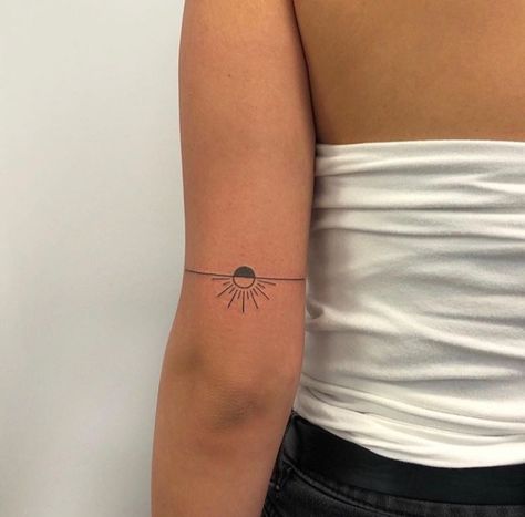 Above Inner Elbow Tattoos For Women, Simple Nature Tattoos, Above Elbow Tattoos For Women, Moon Tattoo Simple, Tattoo Sun And Moon, Half Sun Tattoo, Sun And Moon Aesthetic, Dawn Tattoo, Above Elbow Tattoo