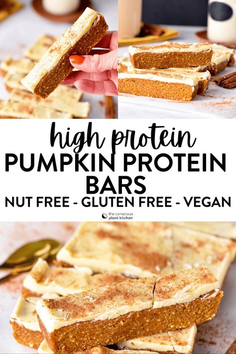 These Pumpkin protein bars are healthy homemade protein bars flavored with pumpkin puree and pumpkin pie spices. Plus, these fall protein bars are also vegan, dairy-free and gluten-free packed with 8 g plant-based proteins. Healthy Homemade Protein Bars, Dairy Free Protein Bars, Homemade Protein Bars Healthy, Pumpkin Protein Bars, Healthy Pumpkin Bars, Conscious Plant Kitchen, Homemade Protein Bars, Healthy Protein Bars, Pumpkin Protein