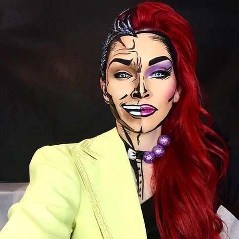 25 Mind-Blowing Makeup Ideas to Try for Halloween | StayGlam Comic Book Makeup Tutorial, Half Face Halloween Makeup, Comic Book Makeup, Half Face Makeup, Comic Makeup, Fantasy Make-up, Kandee Johnson, Cartoon Makeup, Pop Art Makeup