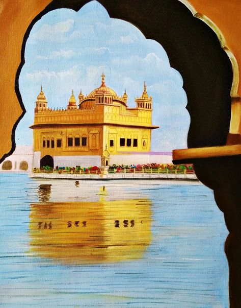 Gurudwara Painting, Waheguru Painting, Golden Temple Painting, Temple Oil Painting, Temple Drawing, Sketch Images, Composition Painting, Venice Painting, Ig Highlights