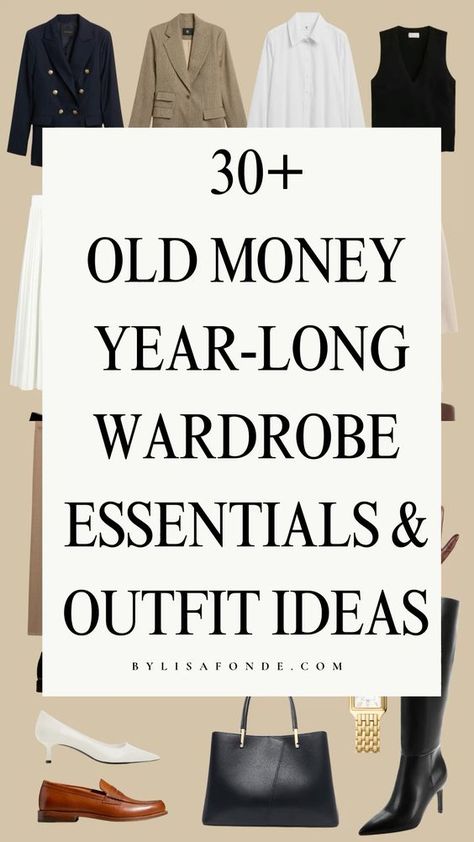 Find the complete guide on how to dress old money style all year long with 30+ wardrobe essentials and classic outfit ideas for all seasons in this article. Old money year-round capsule wardrobe, old money outfit aesthetic, old money wardrobe essentials, old money outfit must-have for spring, summer, fall, and winter. Classy Outfits Capsule, Must Have Outfits For Women List, Elegant Wardrobe Essentials Classy, Old Money Fall Wardrobe, Wardrobe Must Haves Woman, Old Money Looks Woman, Classy Pants Outfits, Old Money Must Have, Old Money Sport Outfit