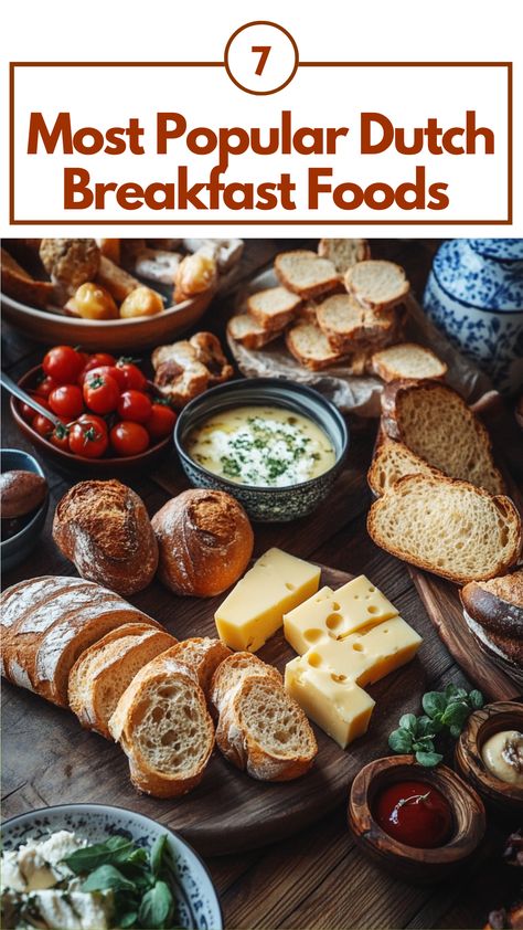 A selection of popular Dutch breakfast foods, including fresh bread, cheese, and traditional sweet treats, arranged on a wooden table for a delicious morning meal. Dutch Breakfast Traditional, English Breakfast Ideas Mornings, Dutch Recipes Netherlands Traditional, European Breakfast Ideas, Europe Breakfast, Norwegian Breakfast, Dutch Snacks, Nordic Breakfast, Typical French Breakfast