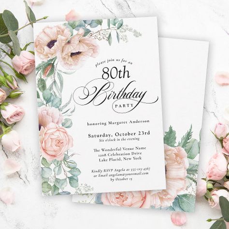 Pink And Beige Watercolor Floral 80Th Birthday Invitation #zazzle #weddinginvitations #birthdayinvitations #babyshowerinvitations #zazzleinvitations #monogram #businesscards #graduation #homedecor 75th Birthday Invitations, Classy Birthday Party, Elegant Birthday Invitations, Beige Watercolor, Birthday Party Decorations For Adults, 90th Birthday Invitations, Pastel Beige, 60th Birthday Party Invitations, Floral Birthday Invitations