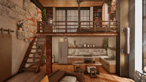 Industrial Warehouse Loft | HOUSING SNAP Bride To Be Box, Housing Inspiration, Pretty Interiors, Lavender Bedding, Warehouse Loft, Ffxiv Housing, Antique Shelves, Housing Ideas, Industrial Warehouse