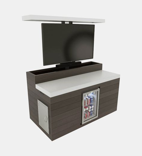 This movable outdoor entertainment hidden TV lift server cabinet has everything you need to make an outdoor space entertainment ready. Outdoor Wall For Tv, Outdoor Hidden Tv, Outdoor Tv Lift Cabinet, Backyard Tv, Outdoor Tvs, Hidden Tv Cabinet, Outdoor Tv Cabinet, Backyard Retaining Walls, Tv Lift Cabinet