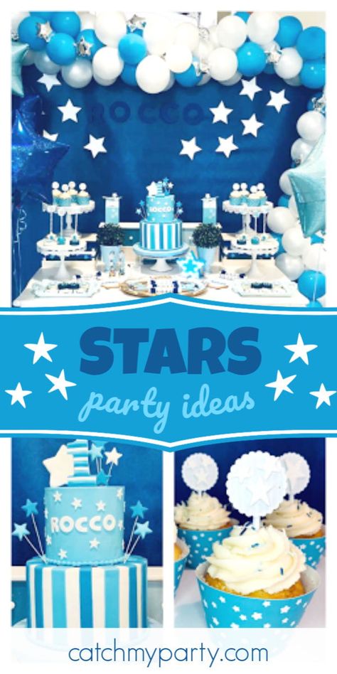 Take a look at this gorgeous star-themed 1st birthday party! The birthday cake is wonderful! See more party ideas and share yours at CatchMyParty.com  #catchmyparty #partyideas #stars #starparty #boybirthdayparty Star Birthday Party, 2nd Birthday Boys, Boys 1st Birthday Party Ideas, Star Birthday, Sweet Tables, Smash Cake Boy, Birthday Themes For Boys, Birthday Star, Birthday Party Activities