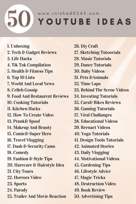 Get inspired with 50 YouTube ideas! If you're looking to start your own channel or just want to find some creative content, this list has got you covered. From vlogs to tutorials, comedy to gaming, there's a YouTube idea for everyone. Whether you're an aspiring filmmaker, a beauty guru, or just looking for some fun, this list will give you the inspiration you need. Start creating today and become a part of the online community! Youtube Videos Ideas List, Youtube Video Ideas Gaming, Challenges For Youtube, Youtube Channel Ideas Gaming, How To Start A Cooking Youtube Channel, Fun Vlog Ideas, Creative Youtube Channel Names, What Do You Need To Start A Youtube Channel, Fun Youtube Challenges Ideas