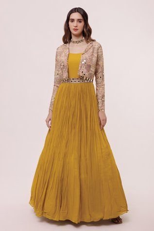 Shop for Onaya Yellow Embroidered Jacket And Georgette Gown Set for Women Online at Aza Fashions Bandhej Print, Gown With Jacket, Plain Jacket, Ethnic Gown, Gown For Women, Printed Gowns, Georgette Dress, Embellished Gown, Designer Party Wear Dresses