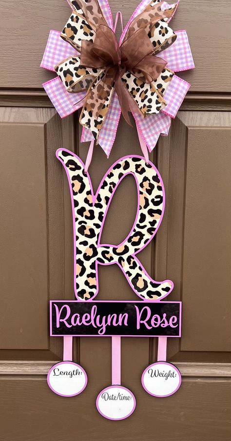 "This door hanger is made with lightweight materials , top is aluminum  (.02\")  printed with sublimation process (uv protected) and for the back  we use painted plywood  (.18\"). Size for the door hanger is  24-28\" from the bow to the bottom (main sign is 10-13\", middle plaque 4.5\", little plaques 3\" each, plus hanging ribbons). You can use a permanent marker to fill in the date, time, weight and length. Color and pattern of ribbons for the bow won't be exactly like the picture but will mat Twins Hospital Door Hanger, Baby Girl Door Hanger For Hospital, Diy Hospital Door Hanger, Newborn Door Hanger, Baby Girl Hospital Door Hanger, Baby Girl Door Hanger, Boy Door Hanger, Baby Door Wreaths, Baby Wreaths