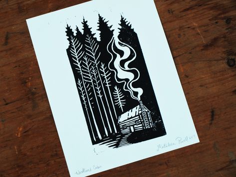 Log Cabin Art, Linoleum Printmaking, Woodland Cabin, Printmaking Projects, Cabin Rustic, Relief Printmaking, Linoleum Block Printing, Linoleum Print, Linocut Printmaking