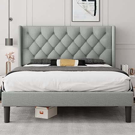 iPormis Queen Size Wingback Platform Bed Frame with Upholstered Button Tufted Headboard / 8" Under-Bed Storage Space, Sturdy Wooden Slats, Noise-Free, No Box Spring Needed, Easy Assembly, Light Gray Bed Frame Upholstered, Letto King Size, Cama King Size, Button Tufted Headboard, Lit King Size, Large Beds, King Size Bed Frame, Wingback Headboard, King Bed Frame