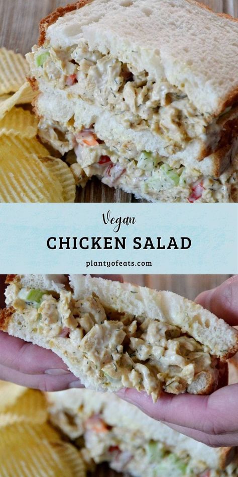 two photos of vegan chicken salad in sandwiches with text labels in middle. Tvp Recipes, Soy Curls Recipes, Cabbage Steaks Recipe, Mock Chicken, Vegan Chicken Salad, Classic Chicken Salad, Soy Curls, Vegan Chicken, Meatless Main Dishes