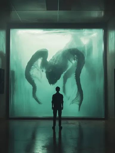 ↑↑↑ Larger size on website 🔸 A lone figure stands in a dark, empty room, silhouetted against a large, illuminated aquarium. The a Haunted Aquarium, Aquarium Art, Murky Water, The Aquarium, Empty Room, Creature Design, Art Images, Composition, Drawings