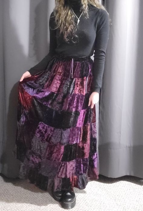 Purple Velvet Skirt Outfit, Long Patchwork Skirt, Purple Witchy Outfit, Purple Long Skirt Outfit, Purple Skirt Outfit Ideas, Long Purple Skirt Outfit, Purple Maxi Skirt Outfit, Purple Whimsigothic, Whimsigoth Boots