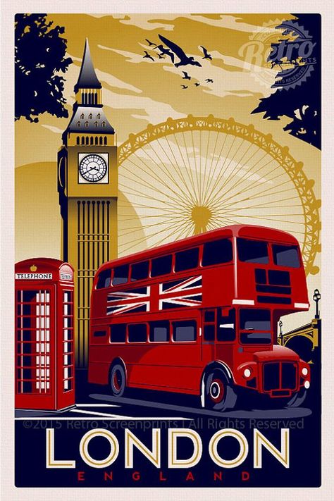 Screen Print Poster, London Poster, Deco Poster, Poster City, Retro Travel Poster, Pokemon Eevee, Art Deco Posters, Vintage Poster Art, Poster Vintage