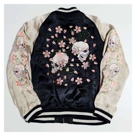 Vintage Japanese Script Skull Cherry Blossoms Sakura Punk Rock... ❤ liked on Polyvore featuring outerwear, jackets, vintage jackets, punk jacket, blue jackets, embroidery jackets and embroidered jacket Rock Embroidery, Japanese Script, Rock Jacket, Embroidery Jeans Jacket, Punk Jacket, Embroidery Jacket, Gay Outfit, Punk Outfits, Swaggy Outfits