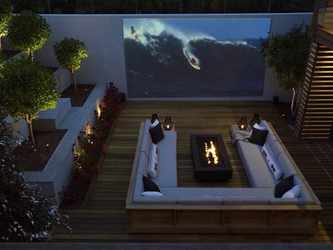 12 Inspiring Outdoor Fire Pits for Breezy and Cozy Evenings | The Study Outside Fire Pits, Outdoor Fire Pit Designs, Outdoor Cinema, Backyard Movie, Rooftop Terrace Design, Outdoor Theater, Fire Pit Designs, Terrace Design, Patio Heater