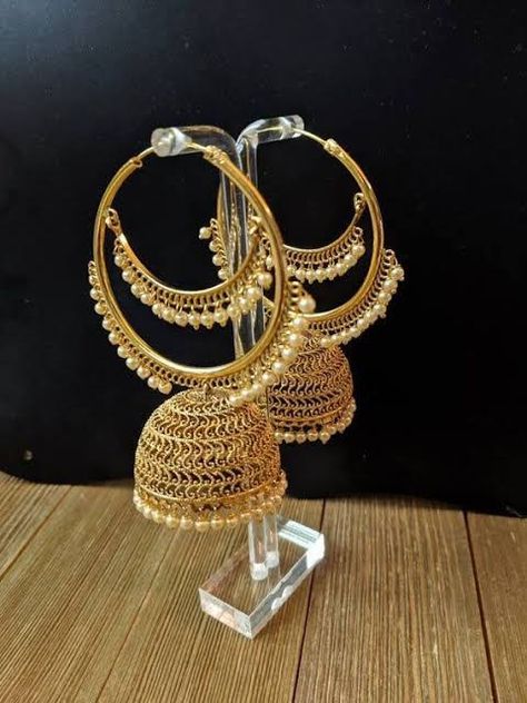 Punjabi Jhumka, Hijab Jewelry, Gold Jhumka, Bridal Jewelery, Indian Jewelry Earrings, Indian Necklace, Indian Earrings, Jhumka Earrings, Pearl Chain