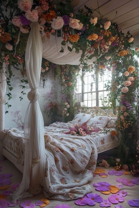 Floral-themed bedroom with flower-adorned canopy bed and floral bedding, surrounded by lush flowers and greenery. Fairytale Bedroom, Summer Bedroom, Boho Style Bedroom, Flower Bedroom, Cute Bedroom Ideas, Bedroom Plants, Vintage Bedroom, Cute Bedroom Decor, Dreamy Room