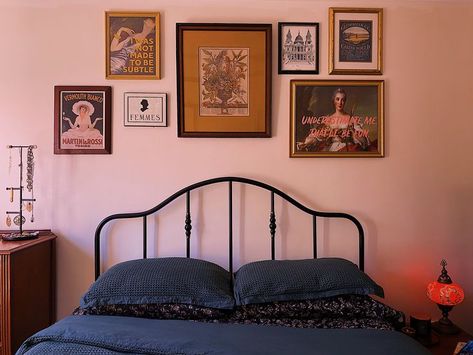 Collage Over Bed, Bedroom Photo Wall Ideas Above Bed, Over Bed Gallery Wall, Frames On Wall Bedroom, Poster Wall Above Bed, Above Bed Gallery Wall, Above Bed Decor Eclectic, Bedroom Frames Above Bed, Maximalist Above Bed Decor