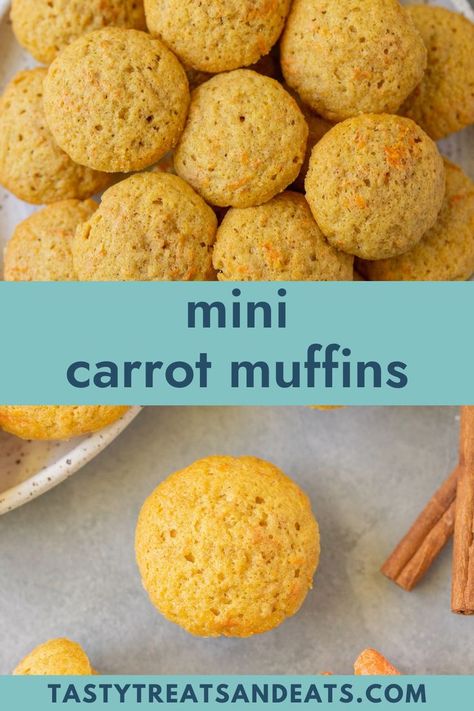 These Mini Carrot Muffins are perfect for a quick breakfast! Easy to make with only a few ingredients, you'll love these simple mini muffins! Mini Muffins For Kids, Toddler Mini Muffins, Carrot Mini Muffins, Sugar Substitutes For Baking, Mini Muffin Tin Recipes, Daycare Meals, Mini Muffin Recipe, Ginger Muffins, Toddler Muffins