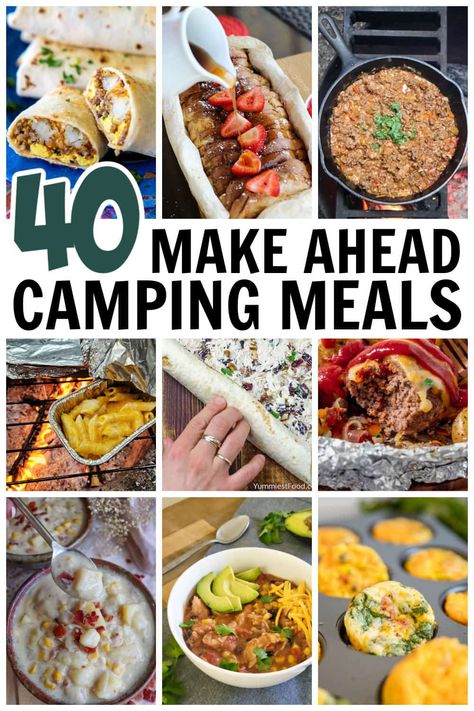 collage of make ahead camping meals for breakfast, lunch and dinner Make Ahead Camping Meals, Easy Camping Dinners, Camping Food Make Ahead, Camping Meal Planning, Camping Menu, Camping Lunches, Camping Breakfast, Camping Dinners, Easy Camping Meals