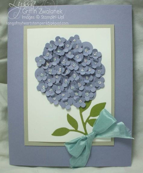 I am just in awe of this astoundingly gorgeous punch art Hydrangea made by Cristy B, one of my Song of My Heart demonstrator team members. Isn't it stunning? It is made of a bazillion (actual count) little punches from the Itty Bitty Punch Pack rumpled up and adhered overlapping, and then each one dotted with Dazzlin' Details glitter glue. I just love it. However, I would have to really reeeeeaaaalllllllyyyy love the person I was making this for, I think! Paper Punch Art, Punch Art Cards, Paper Punch, Punch Art, Punch Cards, Pretty Cards, Kirigami, Craft Time, Floral Cards