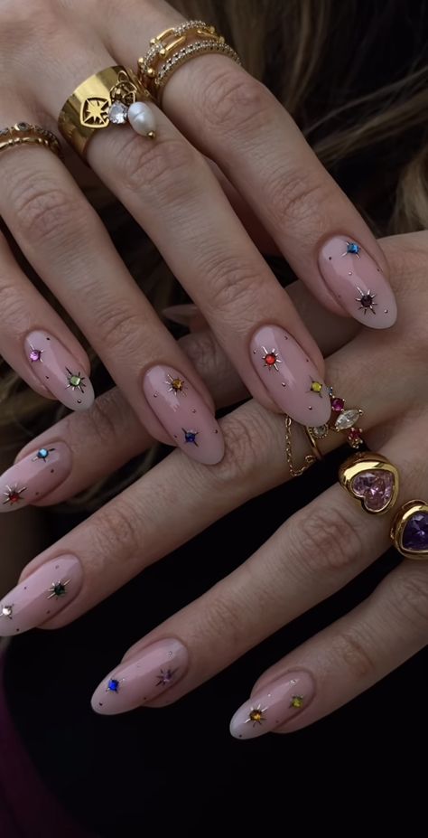 Rainbow Jewel Nails, Multi Color Gem Nails, Dua Lipa Nails 2024, Minimal Birthday Nails, New Year Nail Inspo 2024, February Birthday Nails Almond, Colorful Gem Nails, Mystic Nail Art, Funky Nail Designs Fun