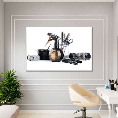 Finding the perfect canvas print or piece of wall art can transform your entire interior. Discover our stunning Hair Salon Essentials Canvas. This high-quality, ready-to-hang piece of Black and Silver Photographic Hair Canvas comes in a wide variety of layouts. Explore adaptable arrangements to fit your unique space. Size: 8" H x 12" W x 1" D | Latitude Run® Hair Salon Essentials Canvas Print Canvas | 12 H x 8 W x 1 D in | Wayfair | Home Decor Rustic Salon Decor, Rustic Salon, Black Hair Salons, Hair Canvas, Hair Salon Decor, Salon Suites, Salon Art, Salon Decor, Modern Salon