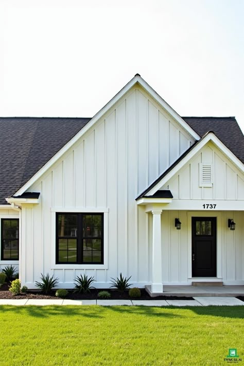 Charming white ranch-style house with black accents. Ranch-style homes combine retro charm with modern ease, offering sprawling simplicity that’s as stylish as it is stair-free. House With Black Accents, White Ranch Style House, Barn House Interior, Farmhouse Architecture, Ranch Style House, Georgia Homes, Ranch Style Homes, Ranch Style, Black Accents