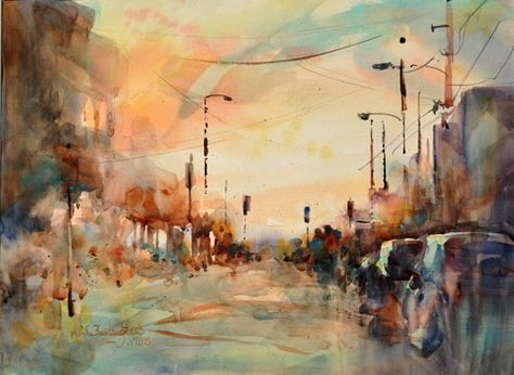 Watercolor painting tutorials || Painting with bold brush strokes and drippy washes, Fealing Lin keeps her watercolor landscapes fresh and lively. John Lovett, Lukisan Lanskap, Watercolour Landscapes, Watercolor Portrait Painting, Australian Painters, Watercolor Workshop, Cat Air, Seni Cat Air, Watercolor Landscape Paintings