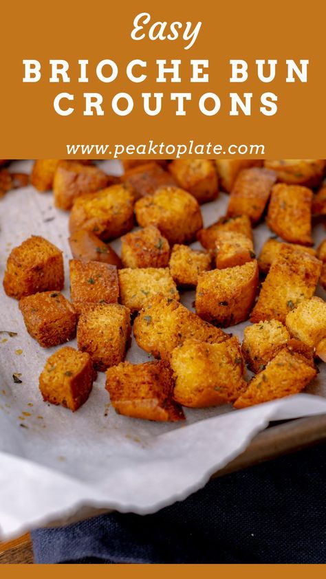 Easy Brioche Bun Garlic and Herb Croutons Brioche Croutons, How To Make Croutons, Homemade Brioche, Crouton Recipes, Brioche Rolls, Croutons Homemade, Salad Dressing Recipes Homemade, Venison Recipes, Brioche Buns