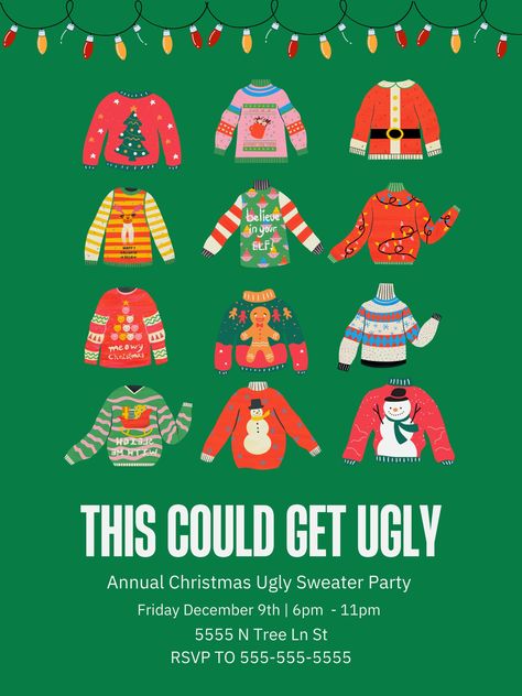 Ugly Christmas Sweater Party Digital Invite.  Easy download, editable invite. Swanky Christmas Party, Ugly Christmas Outfit Ideas, Ugly Sweater Christmas Party Ideas, Christmas Parties Ideas, Ugly Sweater Party Decorations, Angel Kitchen, Tacky Sweater Christmas Party, Ugly Sweater Party Ideas, Ugly Christmas Sweater Party Ideas